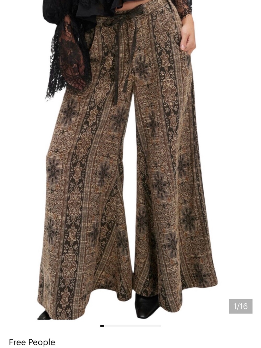 Free People Dahlia Wide Leg Pants Brown Jacquard Boho Linen Blend 12 NWT